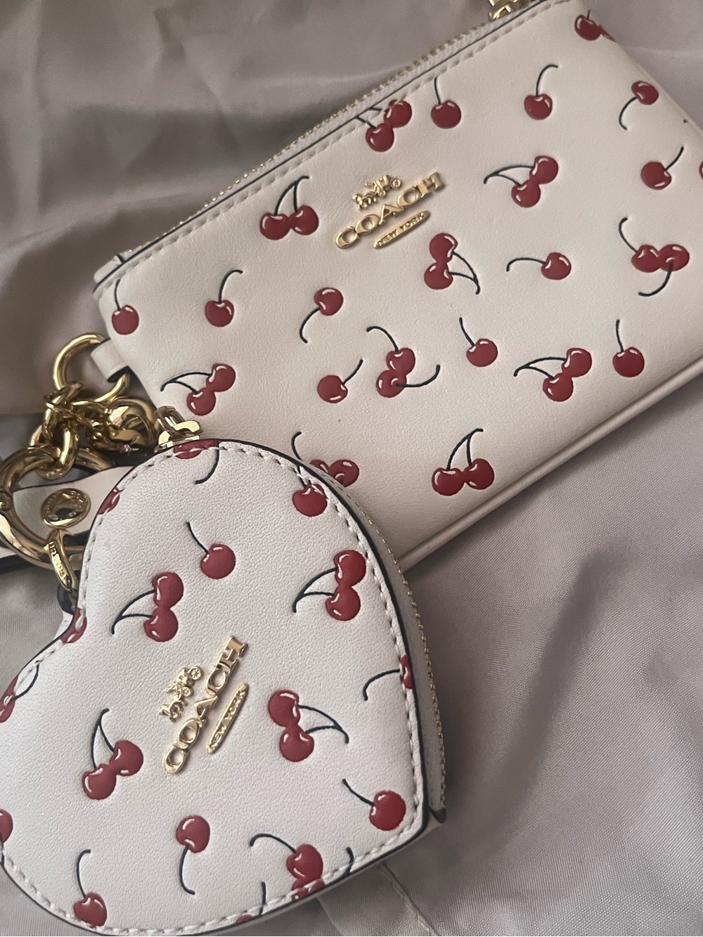 Coach Cream Leather Double Pouch Crossbody with Red Cherry Print